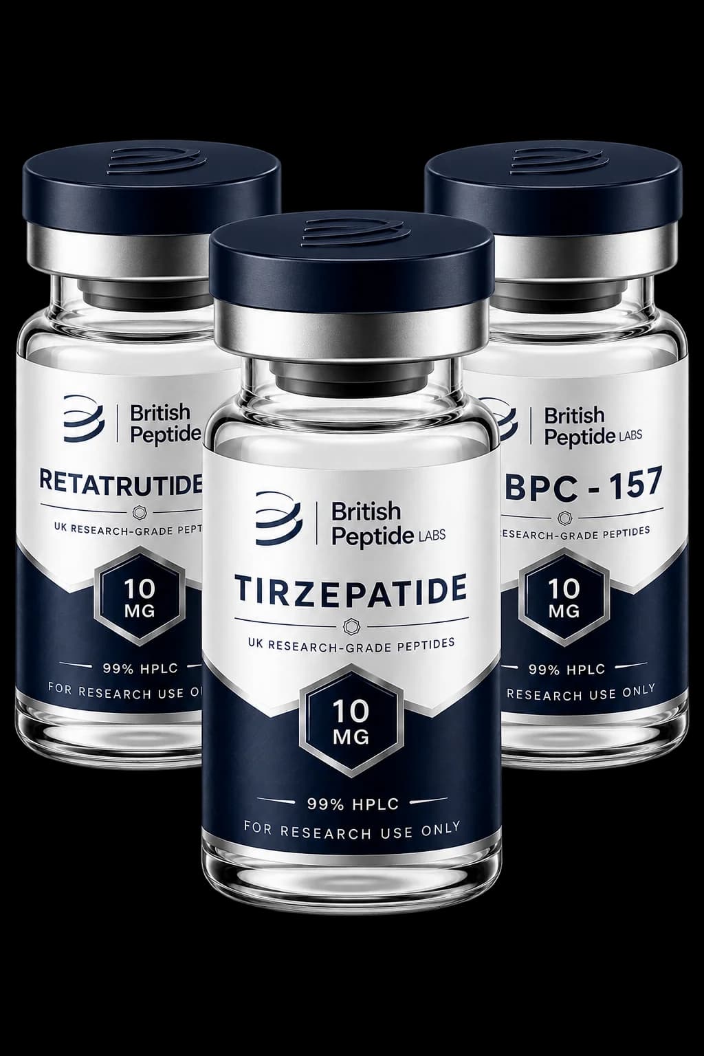 Three sealed British Peptide Labs glass vials with navy caps and branded labels.